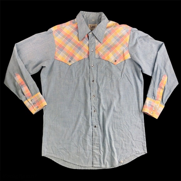 Vintage 70s 80s Lee Western Made in USA Chambray Pearl Snap VTG Shirt Size Large - Picture 1 of 10